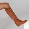 imageSHEMEE Western Cowboy Boots for Women Embroidered Chunky Heels Knee High Boots Block Mid Heel Cowgirl Tall BootsBrown