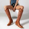 imageSHEMEE Western Cowboy Boots for Women Embroidered Chunky Heels Knee High Boots Block Mid Heel Cowgirl Tall BootsBrown
