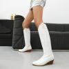 imageSHEMEE Western Cowboy Boots for Women Embroidered Chunky Heels Knee High Boots Block Mid Heel Cowgirl Tall BootsWhite