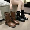 imageSHEMEE Womens Chunky Block Low Heels MidCalf Boots Vintage Square Toe Buckles Biker Riding Boots Punk Motorcycle Knight Ankle BootsBlack
