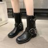 imageSHEMEE Womens Chunky Block Low Heels MidCalf Boots Vintage Square Toe Buckles Biker Riding Boots Punk Motorcycle Knight Ankle BootsBlack