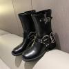 imageSHEMEE Womens Chunky Block Low Heels MidCalf Boots Vintage Square Toe Buckles Biker Riding Boots Punk Motorcycle Knight Ankle BootsBlack