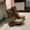 imageSHEMEE Womens Chunky Block Low Heels MidCalf Boots Vintage Square Toe Buckles Biker Riding Boots Punk Motorcycle Knight Ankle BootsBrown