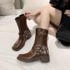 imageSHEMEE Womens Chunky Block Low Heels MidCalf Boots Vintage Square Toe Buckles Biker Riding Boots Punk Motorcycle Knight Ankle BootsBrown