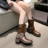 imageSHEMEE Womens Chunky Block Low Heels MidCalf Boots Vintage Square Toe Buckles Biker Riding Boots Punk Motorcycle Knight Ankle BootsBrown