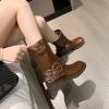 imageSHEMEE Womens Chunky Block Low Heels MidCalf Boots Vintage Square Toe Buckles Biker Riding Boots Punk Motorcycle Knight Ankle BootsBrown