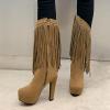 imageSHEMEE Womens Chunky High Heel Platform Mid Calf Boots Tassel Side Zipper Round Toe Boot ShoesBrown