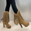 imageSHEMEE Womens Chunky High Heel Platform Mid Calf Boots Tassel Side Zipper Round Toe Boot ShoesBrown