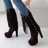 imageSHEMEE Womens Chunky High Heel Platform Mid Calf Boots Tassel Side Zipper Round Toe Boot ShoesDark Brown