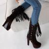 imageSHEMEE Womens Chunky High Heel Platform Mid Calf Boots Tassel Side Zipper Round Toe Boot ShoesDark Brown