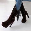 imageSHEMEE Womens Chunky High Heel Platform Mid Calf Boots Tassel Side Zipper Round Toe Boot ShoesDark Brown