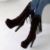 imageSHEMEE Womens Chunky High Heel Platform Mid Calf Boots Tassel Side Zipper Round Toe Boot ShoesDark Brown