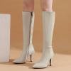 imageSHEMEE Womens Pointed Toe Stiletto High Heels Gogo Knee High Boots Shoes with Side ZipperBeige