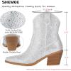 imageSHEMEE Womens Sparkly Rhinestone Cowboy Boots Chunky Block Heels Ankle Booties Shine Glitter Western Cowgirl Boot Wedding Bride Party Short BootsSilver