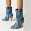 imageSHEMEE Womens Western Cowgirl Chunky High Heels Ankle Boots Pointed Toe Stacked Heel BootiesBlue