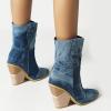 imageSHEMEE Womens Western Cowgirl Chunky High Heels Ankle Boots Pointed Toe Stacked Heel BootiesBlue