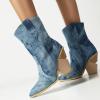 imageSHEMEE Womens Western Cowgirl Chunky High Heels Ankle Boots Pointed Toe Stacked Heel BootiesBlue