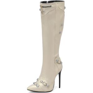 imageSHEMEE Knee High Boots Sexy Pointy Toe Stiletto High Heels Studded Punk Tall Boot Party Dressy Stripper Heels for WomenBeige