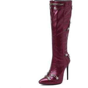 imageSHEMEE Knee High Boots Sexy Pointy Toe Stiletto High Heels Studded Punk Tall Boot Party Dressy Stripper Heels for WomenBurgundy