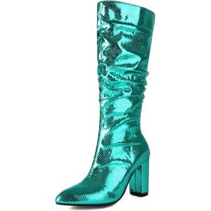 imageSHEMEE Sparkly Mid Calf Slouch Boots Sequins Chunky High Heels Boots Pointed Toe Block Heeled Disco Boots For Saloon Girl LadiesGreen