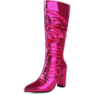 imageSHEMEE Sparkly Mid Calf Slouch Boots Sequins Chunky High Heels Boots Pointed Toe Block Heeled Disco Boots For Saloon Girl LadiesHot Pink