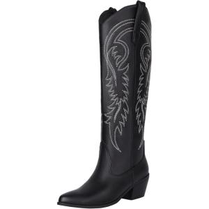 imageSHEMEE Western Cowboy Boots for Women Embroidered Chunky Heels Knee High Boots Block Mid Heel Cowgirl Tall BootsBlack