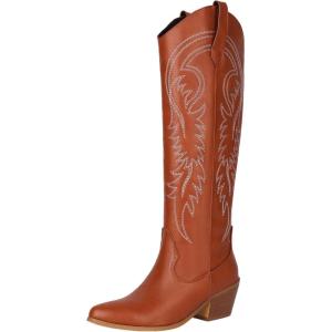 imageSHEMEE Western Cowboy Boots for Women Embroidered Chunky Heels Knee High Boots Block Mid Heel Cowgirl Tall BootsBrown