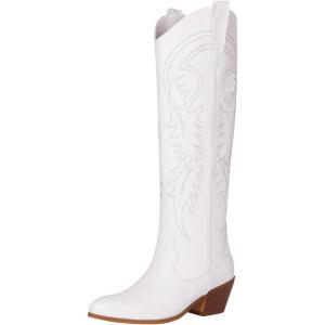 imageSHEMEE Western Cowboy Boots for Women Embroidered Chunky Heels Knee High Boots Block Mid Heel Cowgirl Tall BootsWhite