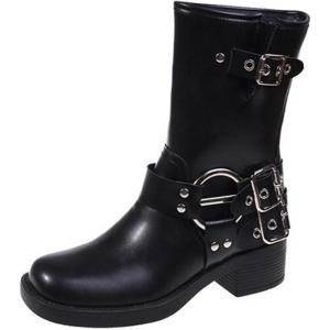 imageSHEMEE Womens Chunky Block Low Heels MidCalf Boots Vintage Square Toe Buckles Biker Riding Boots Punk Motorcycle Knight Ankle BootsBlack