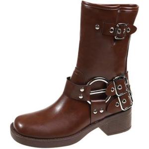 imageSHEMEE Womens Chunky Block Low Heels MidCalf Boots Vintage Square Toe Buckles Biker Riding Boots Punk Motorcycle Knight Ankle BootsBrown