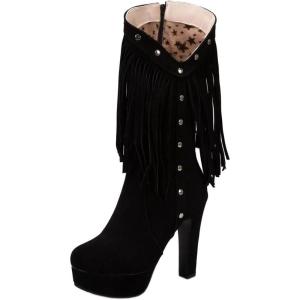 imageSHEMEE Womens Chunky High Heel Platform Mid Calf Boots Tassel Side Zipper Round Toe Boot ShoesBlack