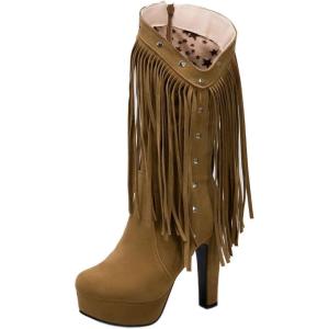imageSHEMEE Womens Chunky High Heel Platform Mid Calf Boots Tassel Side Zipper Round Toe Boot ShoesBrown
