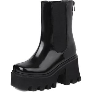 imageSHEMEE Womens Patent Leather Chelsea Boots Gothic Chunky Heel Platform High Heel Ankle BootiesBlack