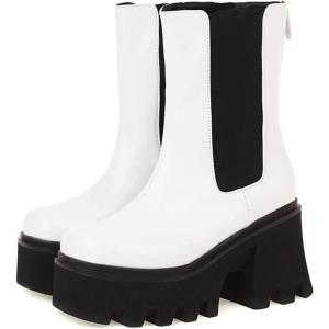 imageSHEMEE Womens Patent Leather Chelsea Boots Gothic Chunky Heel Platform High Heel Ankle BootiesWhite