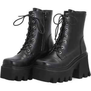 imageSHEMEE Womens Platform Chunky Ankle Boots Round Toe Lace Up Block High Heels Combat Booties Gothic ShoesBlack