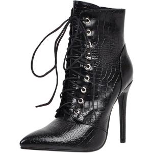 imageSHEMEE Womens Pointed Toe Stiletto High Heels Lace Up Ankle Booties with Side ZipperBlack