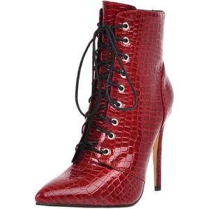 imageSHEMEE Womens Pointed Toe Stiletto High Heels Lace Up Ankle Booties with Side ZipperRed
