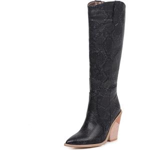 imageSHEMEE Womens Snake Skin Knee High Boots Chunky Heels Western Cowboy Cowgirl Boots Snakeskin Print Block Heeled Tall BootsBlack