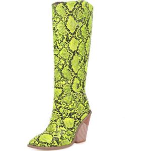 imageSHEMEE Womens Snake Skin Knee High Boots Chunky Heels Western Cowboy Cowgirl Boots Snakeskin Print Block Heeled Tall BootsGreen