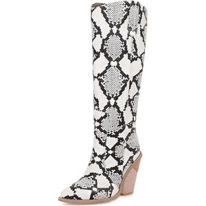 imageSHEMEE Womens Snake Skin Knee High Boots Chunky Heels Western Cowboy Cowgirl Boots Snakeskin Print Block Heeled Tall BootsWhite