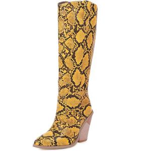 imageSHEMEE Womens Snake Skin Knee High Boots Chunky Heels Western Cowboy Cowgirl Boots Snakeskin Print Block Heeled Tall BootsYellow