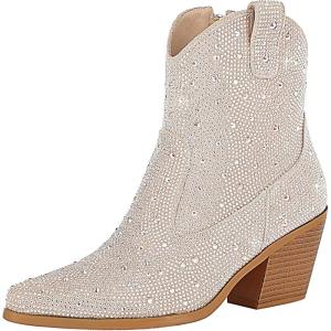 imageSHEMEE Womens Sparkly Rhinestone Cowboy Boots Chunky Block Heels Ankle Booties Shine Glitter Western Cowgirl Boot Wedding Bride Party Short BootsApricot