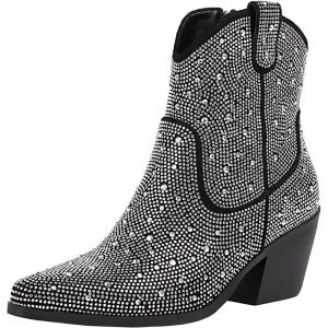 imageSHEMEE Womens Sparkly Rhinestone Cowboy Boots Chunky Block Heels Ankle Booties Shine Glitter Western Cowgirl Boot Wedding Bride Party Short BootsBlack