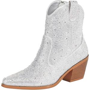 imageSHEMEE Womens Sparkly Rhinestone Cowboy Boots Chunky Block Heels Ankle Booties Shine Glitter Western Cowgirl Boot Wedding Bride Party Short BootsSilver