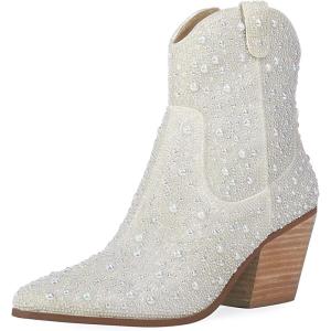 imageSHEMEE Womens Sparkly Rhinestone Cowboy Boots Chunky Block Heels Ankle Booties Shine Glitter Western Cowgirl Boot Wedding Bride Party Short BootsWhite