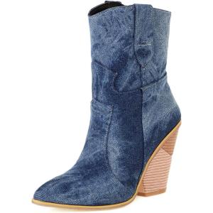 imageSHEMEE Womens Western Cowgirl Chunky High Heels Ankle Boots Pointed Toe Stacked Heel BootiesBlue