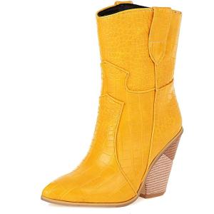 imageSHEMEE Womens Western Cowgirl Chunky High Heels Ankle Boots Pointed Toe Stacked Heel BootiesYellow