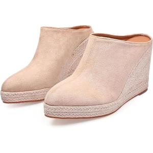 imageSHEMEE Womens Espadrille Mules Platform Wedges Closed Pointy Toe Mule Pumps Faux Suede Espadrilles Wedge Mules Slides Comfort High Heels Platform ShoesApricot