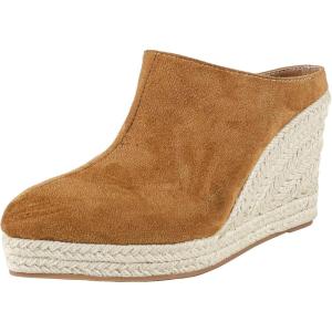 imageSHEMEE Womens Espadrille Mules Platform Wedges Closed Pointy Toe Mule Pumps Faux Suede Espadrilles Wedge Mules Slides Comfort High Heels Platform ShoesTan