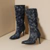 imageSHEMEE Womens Denim Knee High Boots Kitten Heels Pointed Toe Dress Jeans MidCalf Boots Zipper Fashion Tall BootsDark Blue 1